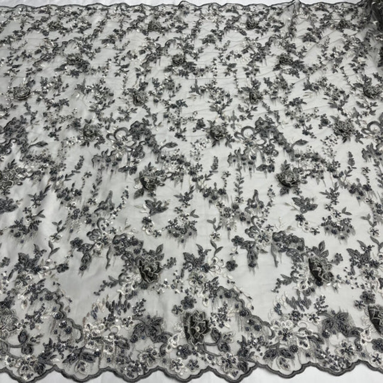 1 Yard Beaded Rhinestone 3D Floral Lace Fabric Embroidered 100 Percent Polyester Net Mesh 50 inch Width